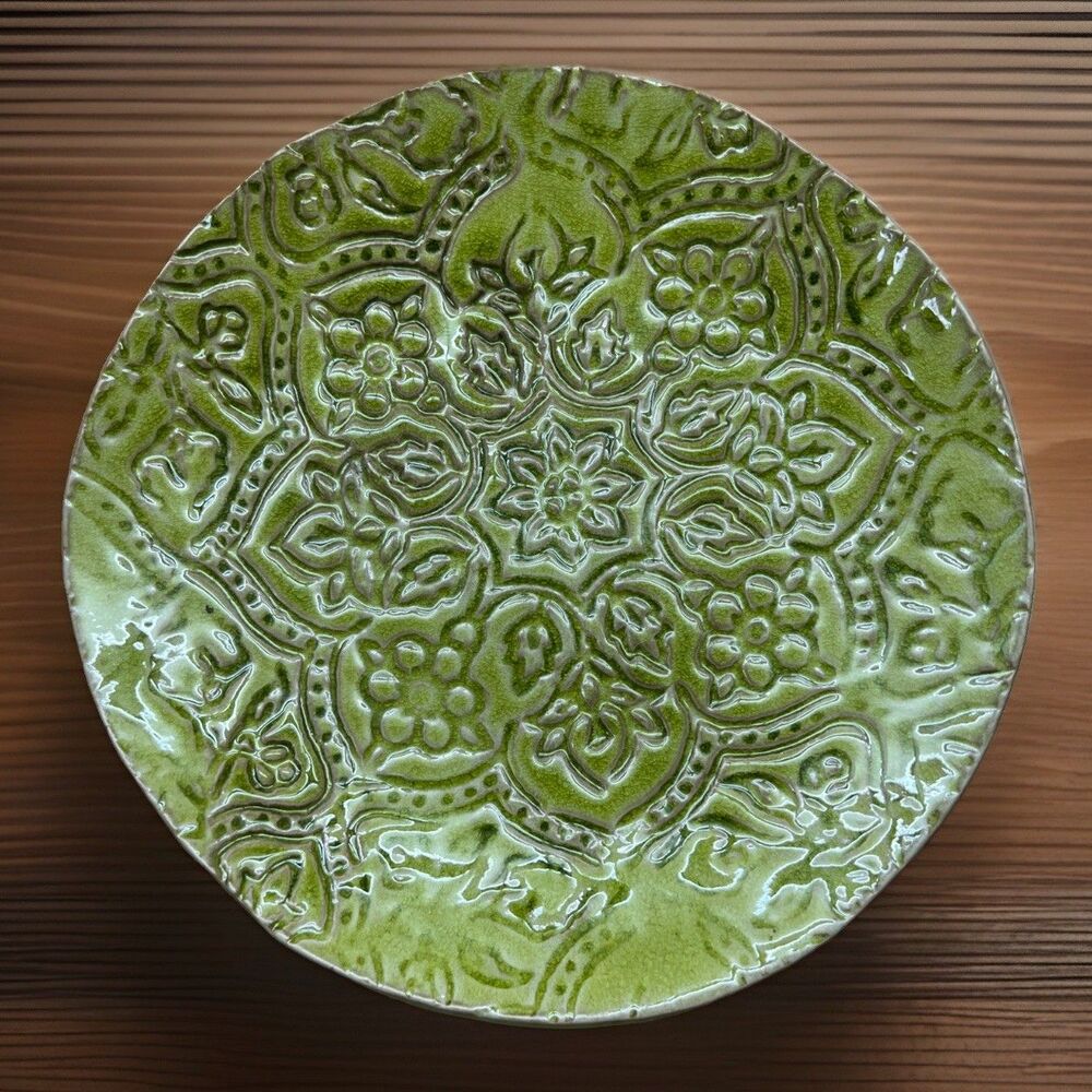 Jars France Toulouse Green Embossed Floral Dinner Plate 9.5" Signed Handmade VTG